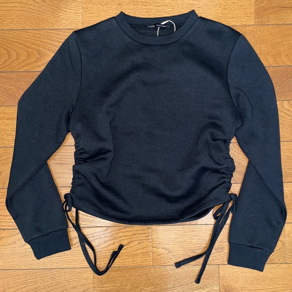 Zara black long sleeve ruched side tie crewneck size small